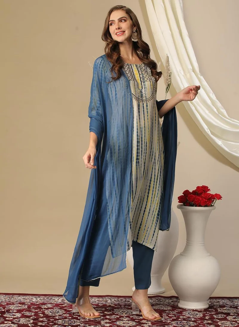 GoSriKi Light Blue GoSriKi Women's Rayon Blend Straight Printed Kurta with Pant & Dupatta (Tiedye Light Blue-GS_M_Light Blue_Medium) for Women | Best Price UAE
